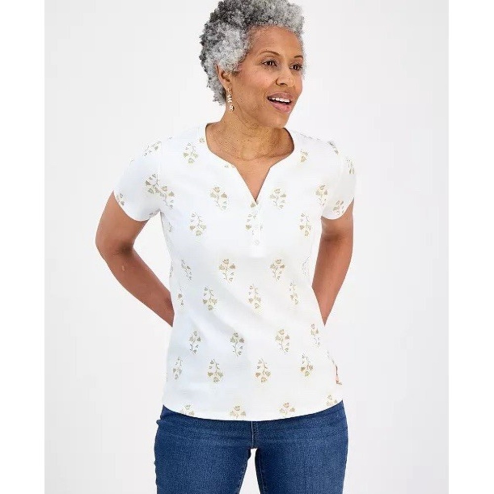 Style&Co Floral-Print Short-Sleeve Henley Knit Top NWT SIZE M